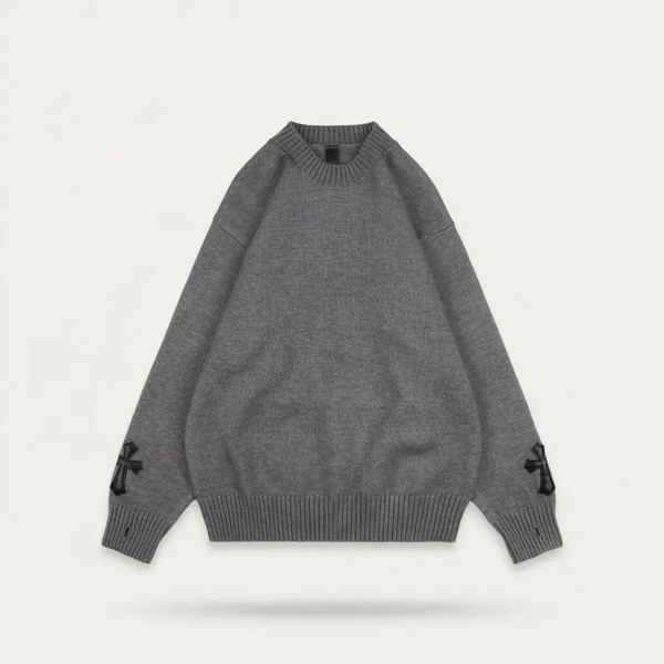 クロムハーツ 22FW クロス レザーパッチ インターシャ クルーネック セーター グレー