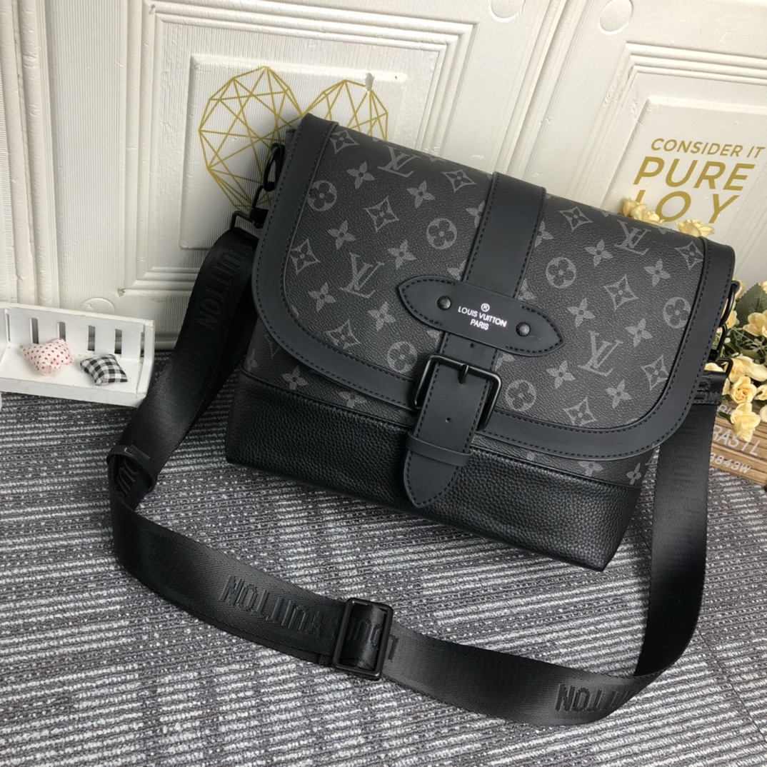 ルイ・ヴィトン Saumur メッセンジャーバッグ モノグラム・エクリプス キャンバス グレインレザー バックルストラップ ブラック 詳細画像 2