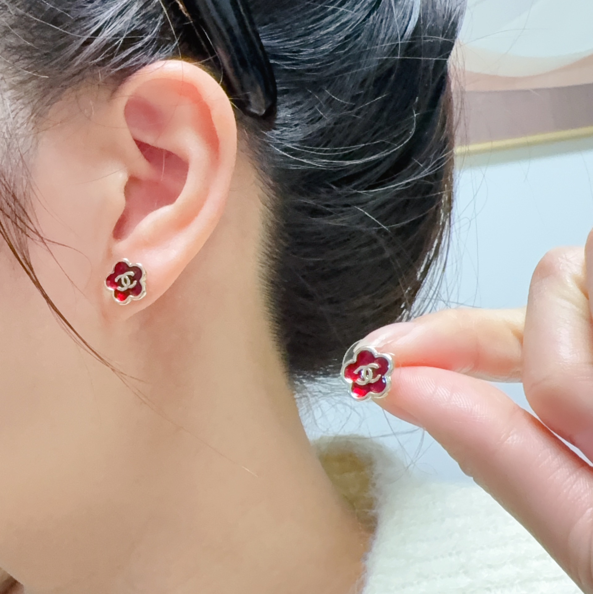 シャネル カメリア ピーチレッド ピアス 詳細画像 1