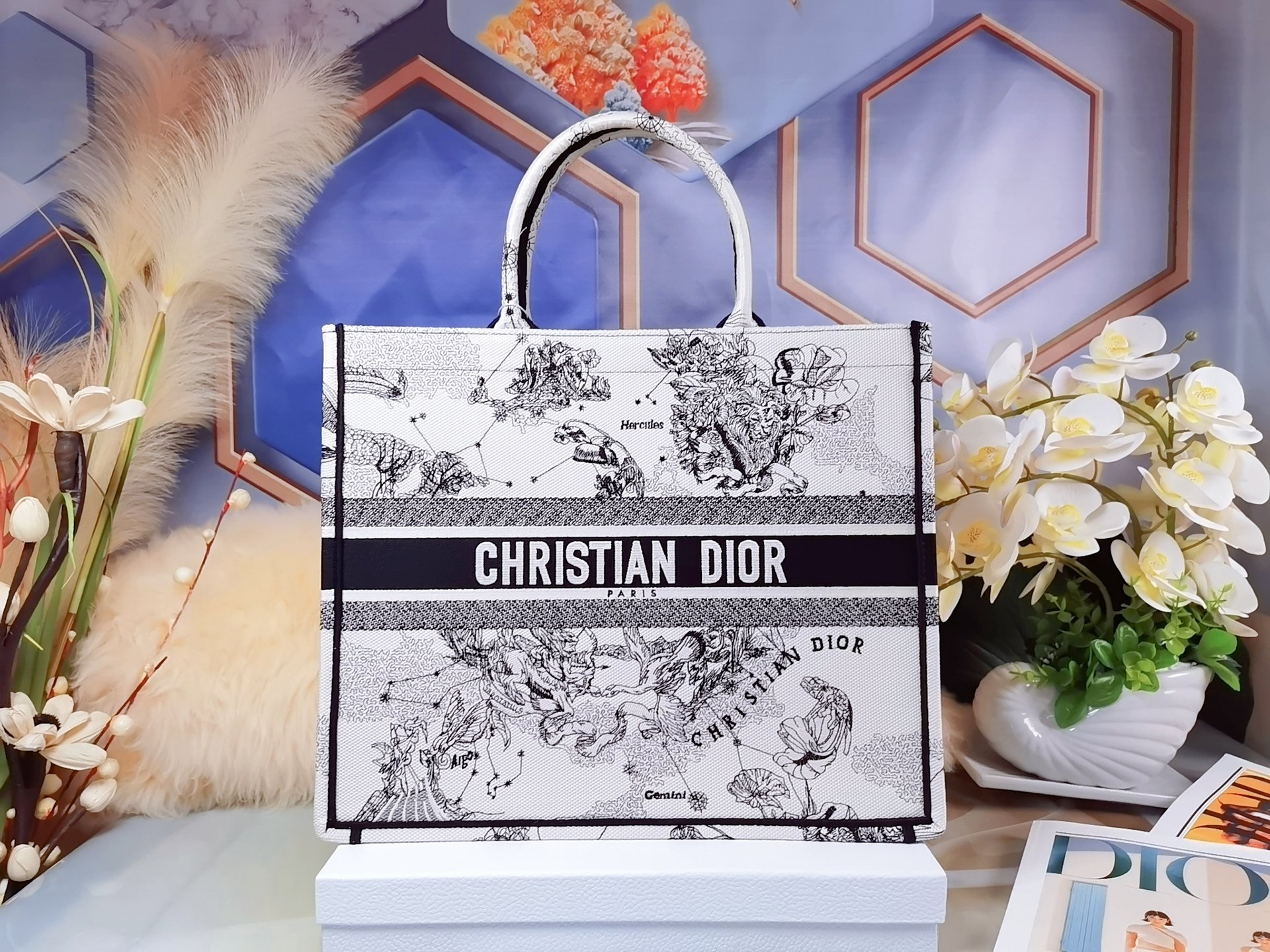 ディオール Book Tote ゾディアック刺繍 キャンバストートバッグ ミルクホワイト×ブラック 詳細画像 1