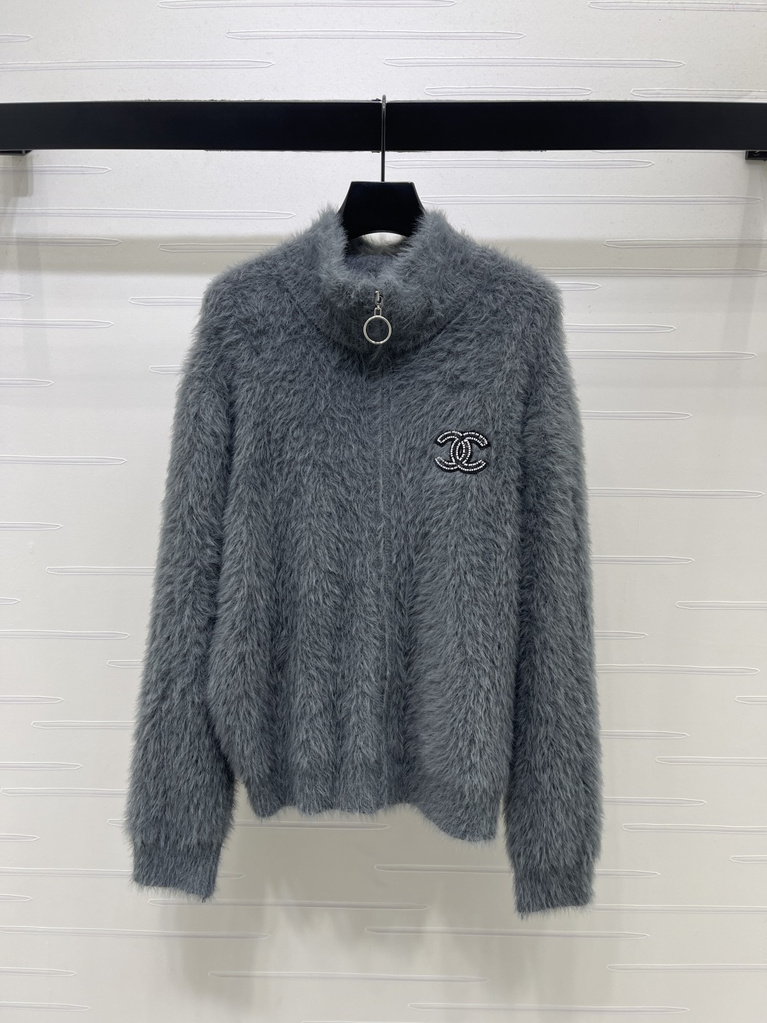 シャネル ファジーニット スタンドカラー ジップカーディガン ブルーグレー 詳細画像 1