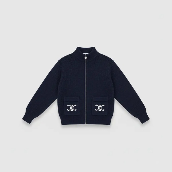 セリーヌ トリオンフ ジャカード スタンドカラー ジップ ニットカーディガン ネイビー