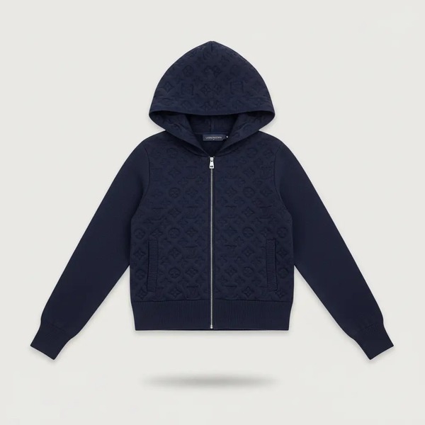 ルイ・ヴィトン エンボスモノグラム フーデッド ジップ カシミヤウール ニットジャケット ネイビー