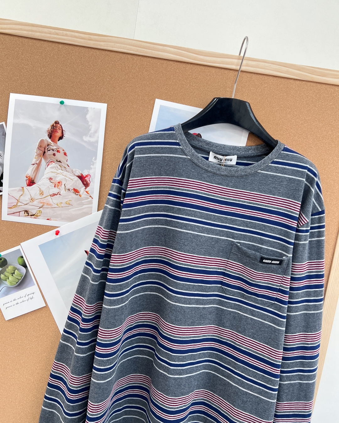 ミュウミュウ ストライプ 長袖Tシャツ グレー マルチ M298250 詳細画像 3