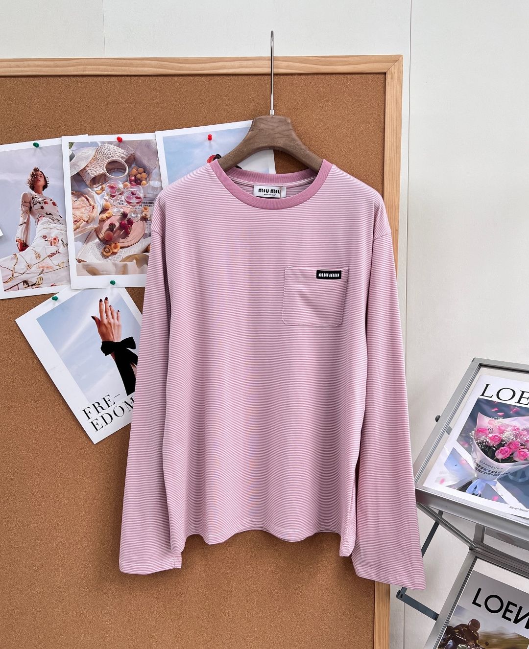 ミュウミュウ 胸ポケット ストライプ 長袖Tシャツ ピンク 詳細画像 1