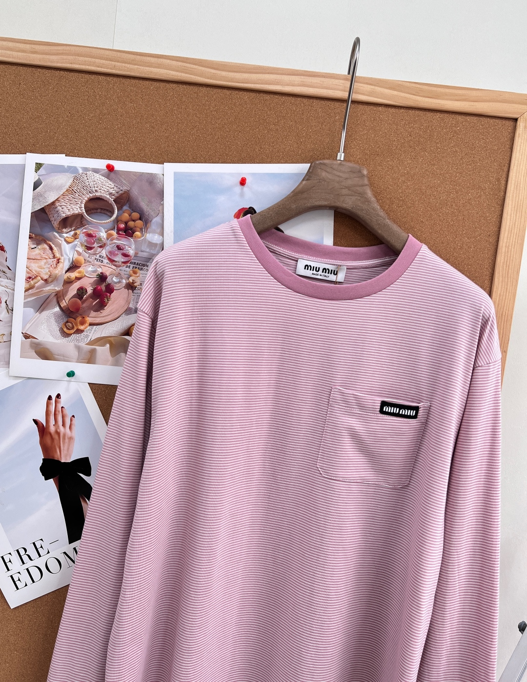 ミュウミュウ 胸ポケット ストライプ 長袖Tシャツ ピンク 詳細画像 3
