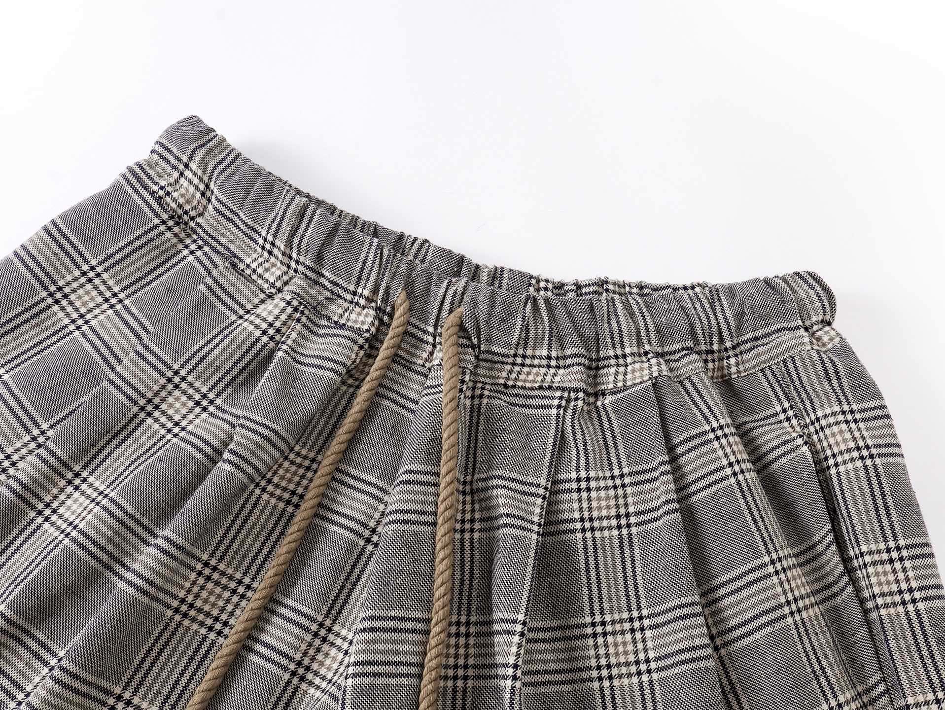 R13 リネン混 チェック柄 ワイドクロップドパンツ グレーチェック 詳細画像 3