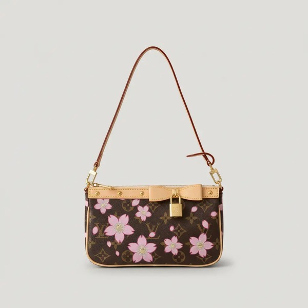 桜プリント 麻雀バッグ チェーン ショルダーハンドバッグ ブラウン ピンク