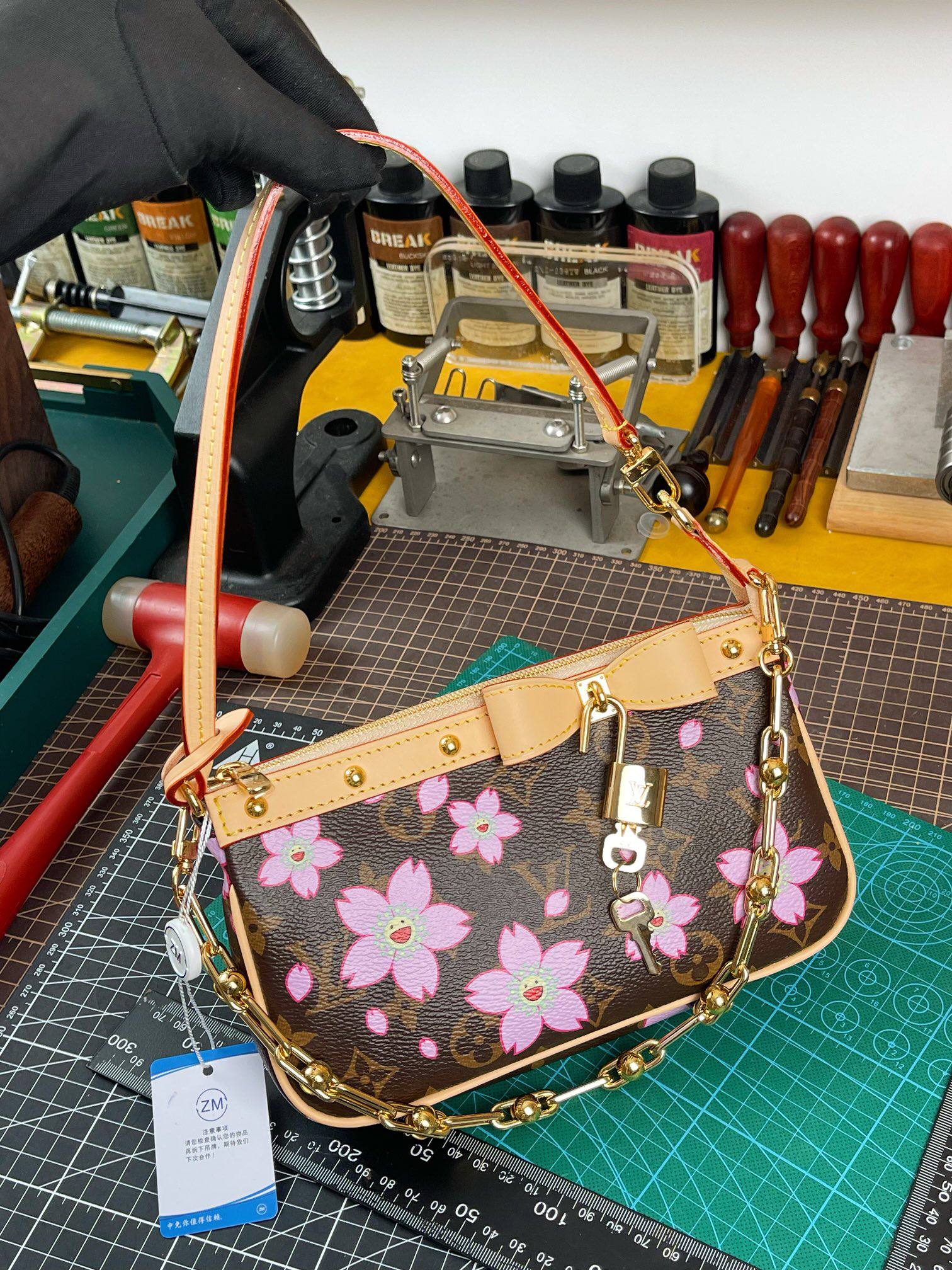桜プリント 麻雀バッグ チェーン ショルダーハンドバッグ ブラウン ピンク 詳細画像 1