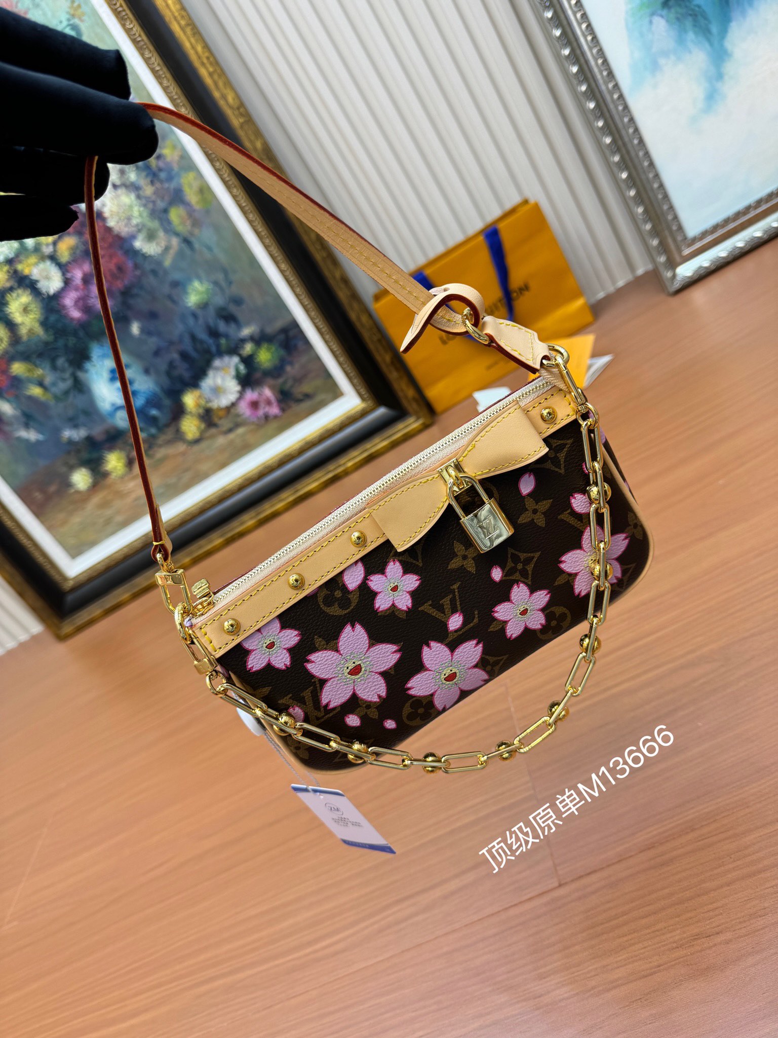 桜プリント 麻雀バッグ チェーン ショルダーハンドバッグ ブラウン ピンク 詳細画像 2