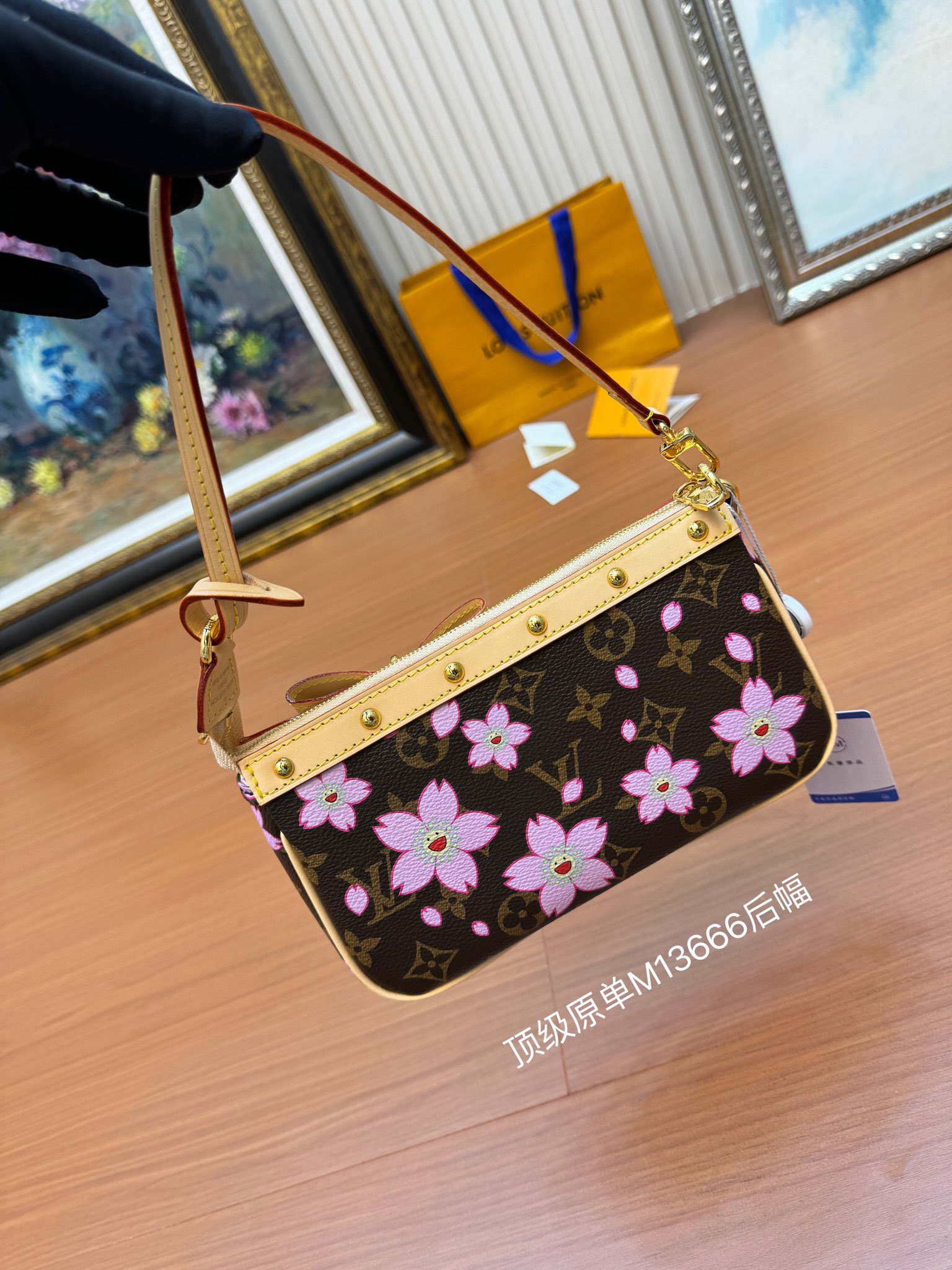 桜プリント 麻雀バッグ チェーン ショルダーハンドバッグ ブラウン ピンク 詳細画像 3