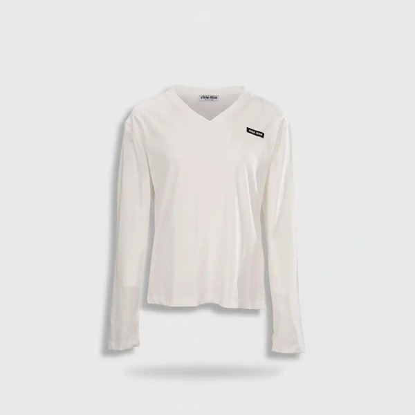ミュウミュウ ロゴ Vネック 長袖Tシャツ ブラック ホワイト グレー