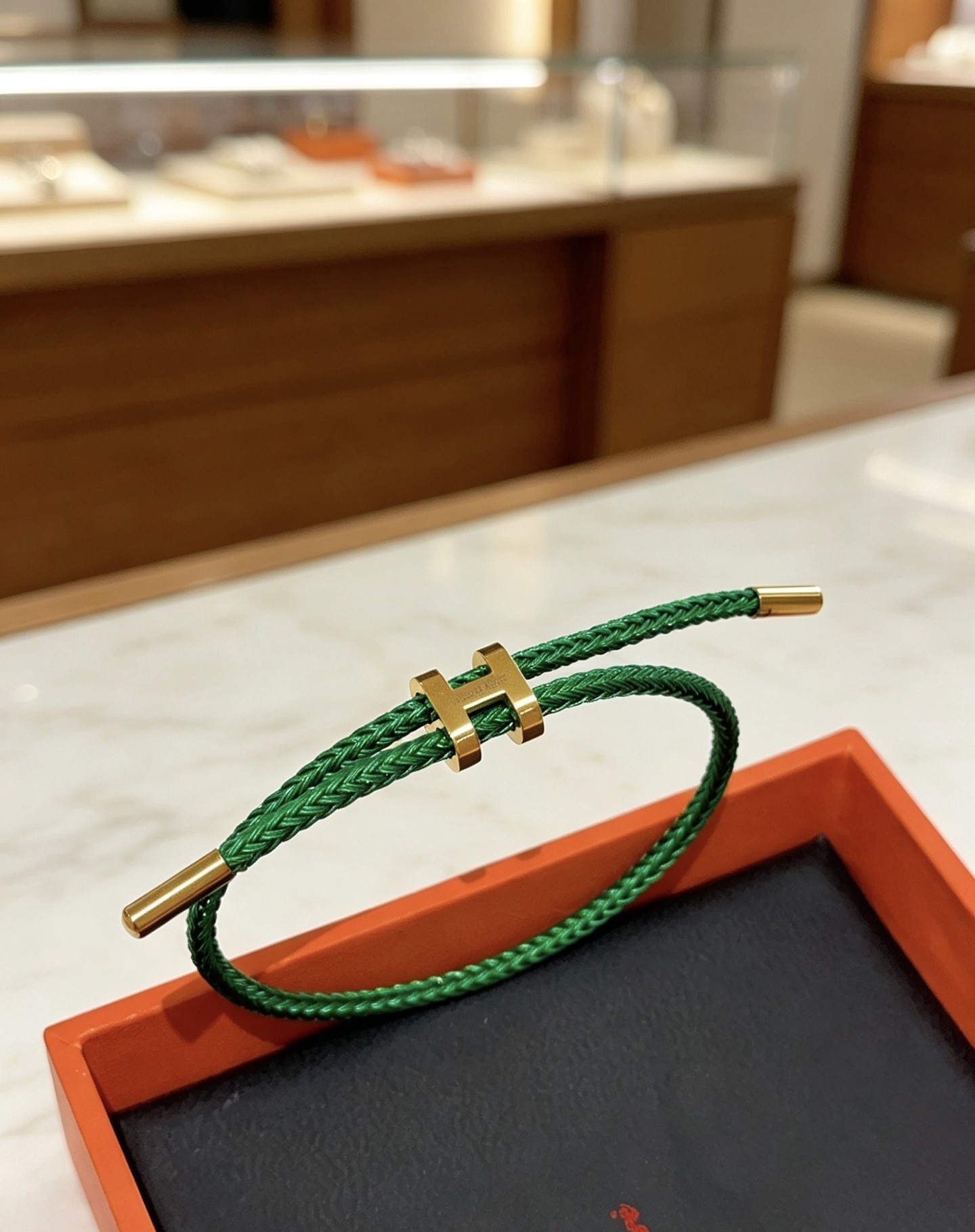 エルメス Hチャーム 編みコード ブレスレット ゴールド グリーン 詳細画像 1