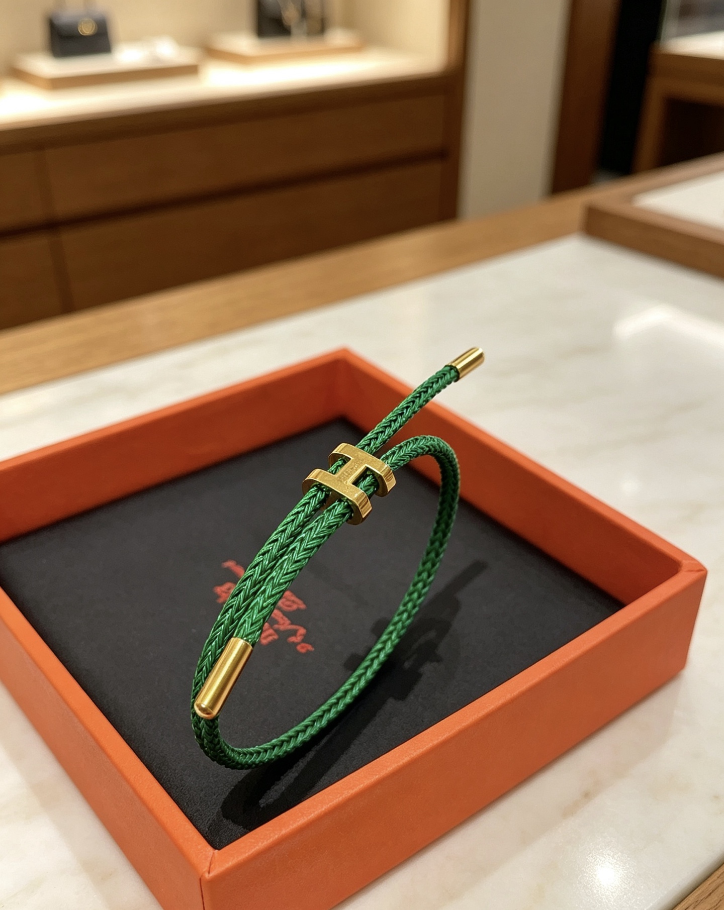 エルメス Hチャーム 編みコード ブレスレット ゴールド グリーン 詳細画像 3