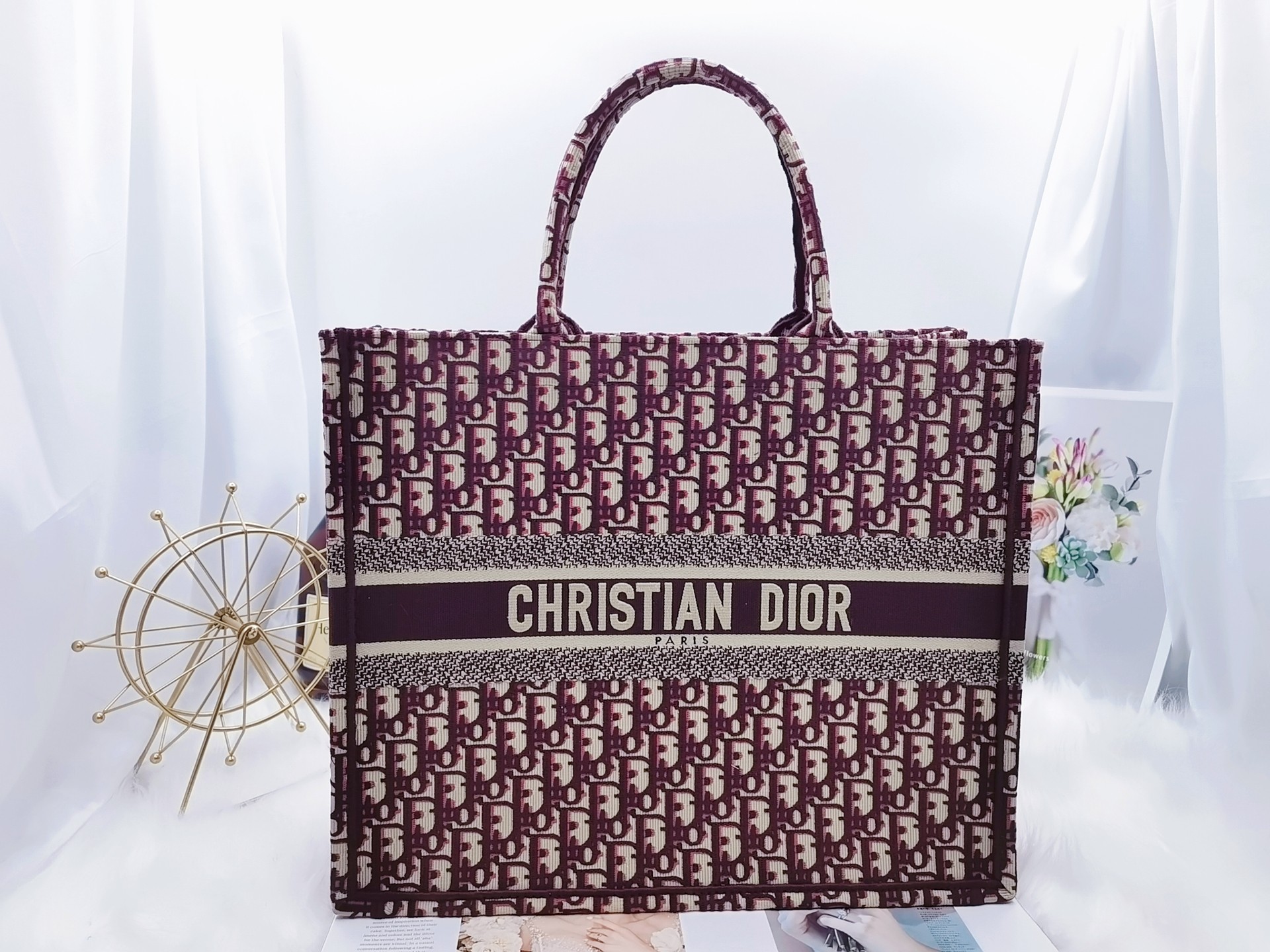 ディオール 刺繍キャンバス トートバッグ ワインレッド 詳細画像 1