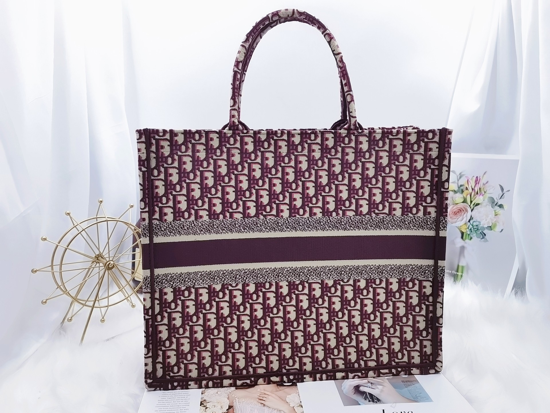 ディオール 刺繍キャンバス トートバッグ ワインレッド 詳細画像 2