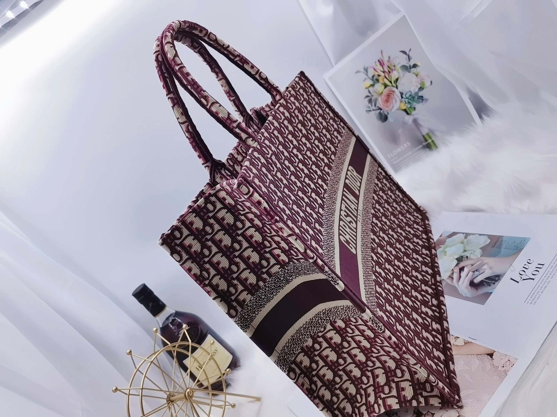 ディオール 刺繍キャンバス トートバッグ ワインレッド 詳細画像 3