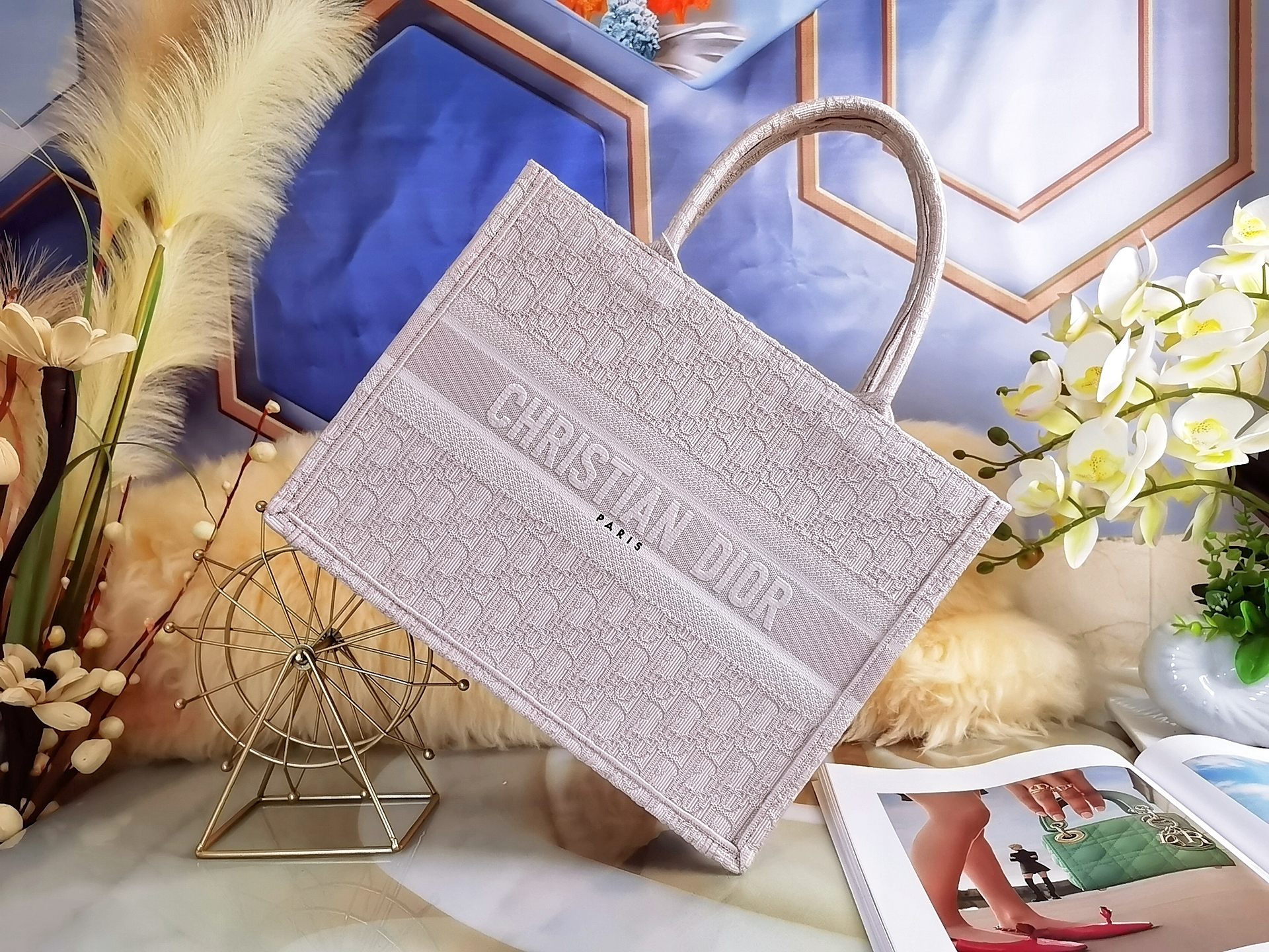 ディオール 刺繍キャンバス トートバッグ ローズピンク 詳細画像 1