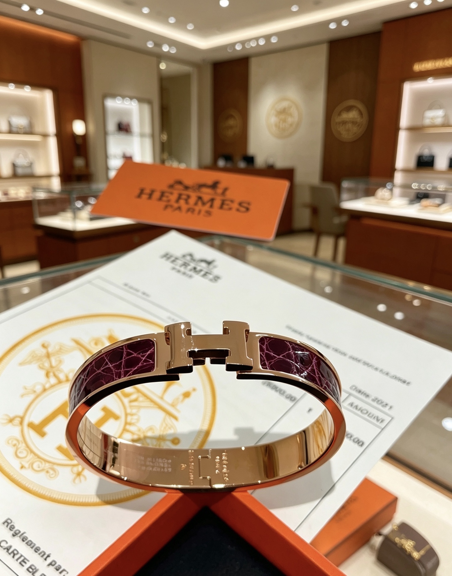 エルメス クリックH クロコダイルレザー ブレスレット バーガンディ ローズゴールド 詳細画像 1