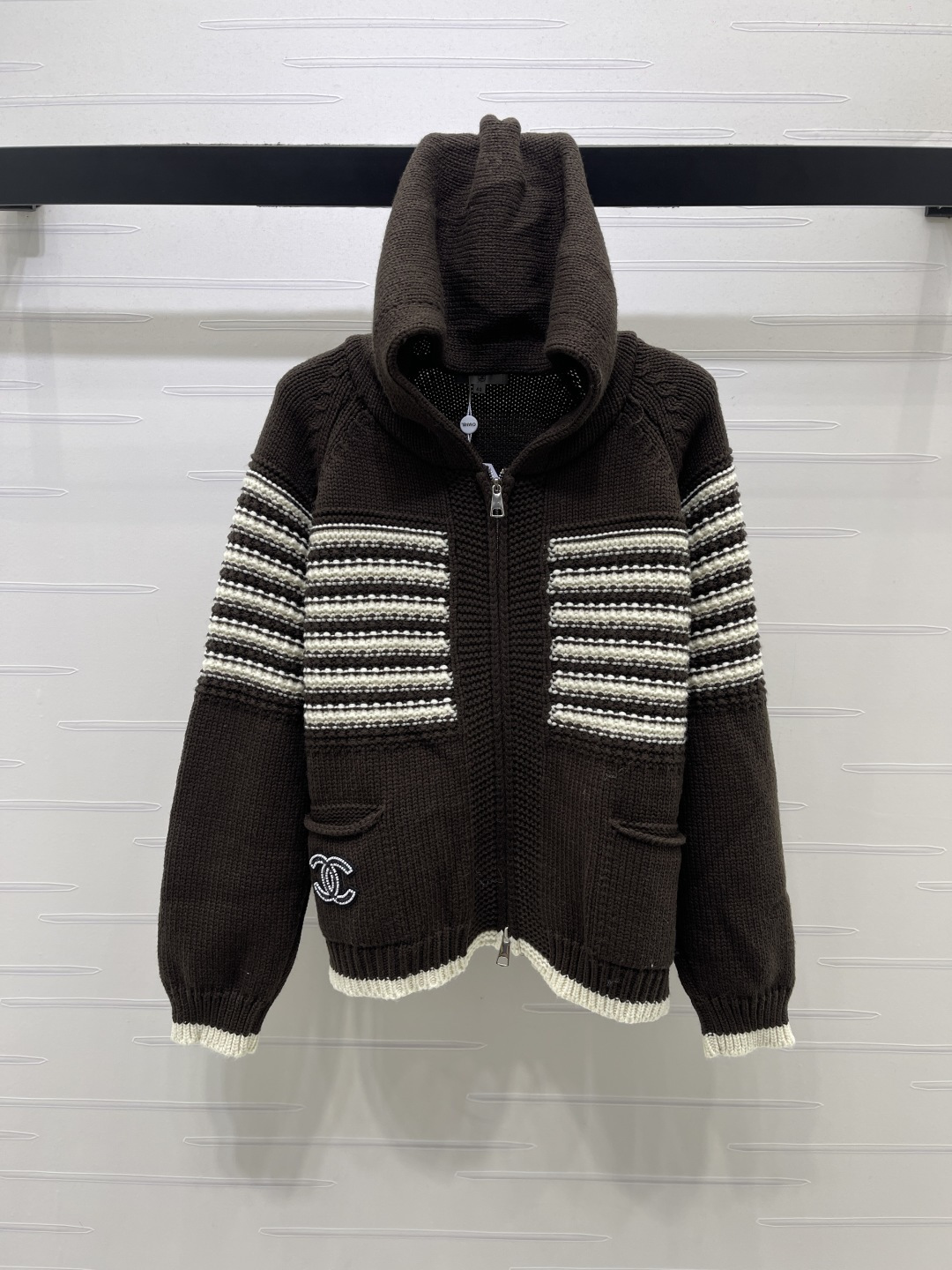 シャネル ストライプ フーディ ニット ジップカーディガン ジャケット ブラウン アイボリー 詳細画像 1