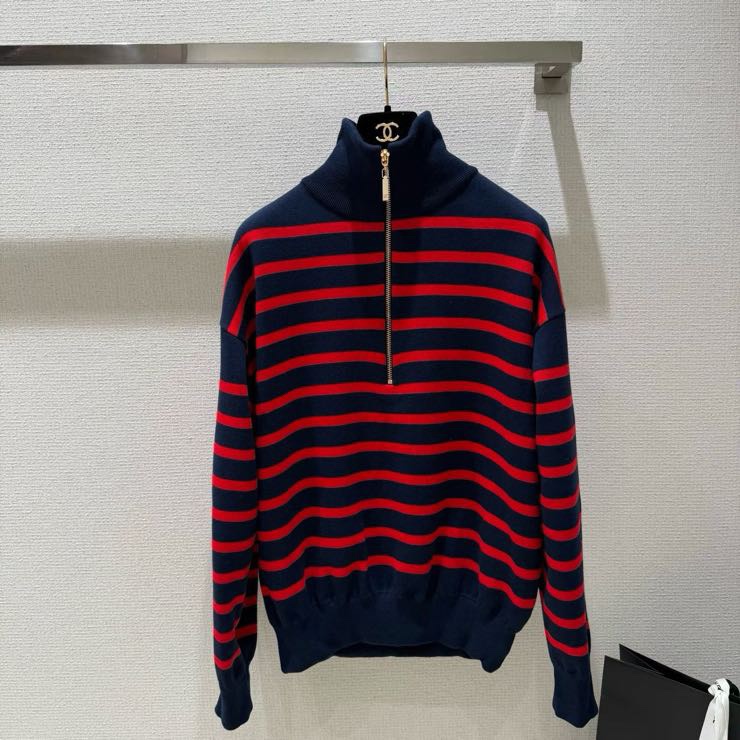 シャネル ハーフジップ ストライプ ニットセーター ブラック レッド 詳細画像 1