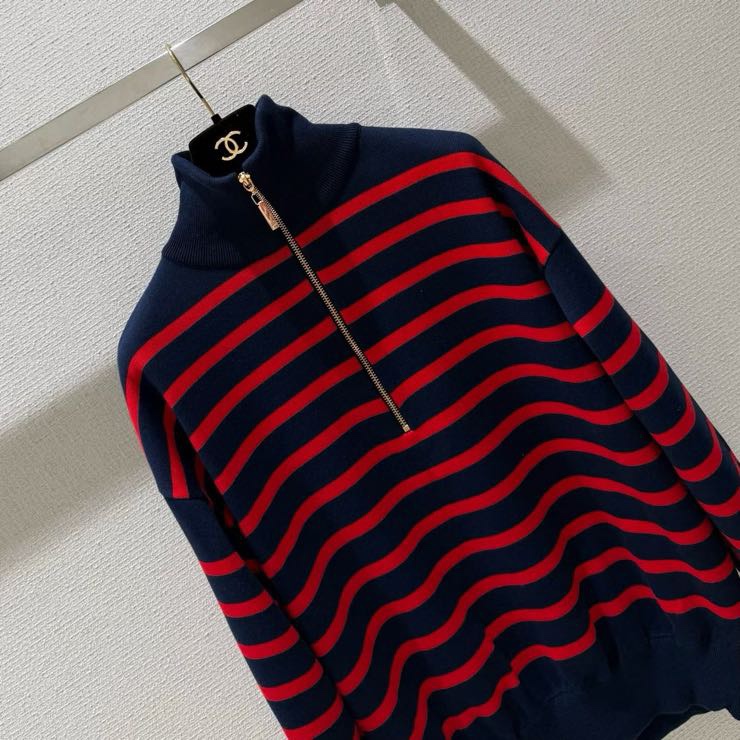 シャネル ハーフジップ ストライプ ニットセーター ブラック レッド 詳細画像 3